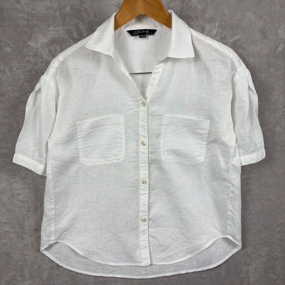 Charlie B White Linen Shirt XS Short Sleeve Button Up Pocket Resortwear Coastal